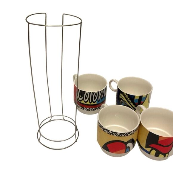 Vintage Columbia Toucan Stacking Coffee Cups. Set of 4 with Metal Holder - Picture 11 of 16